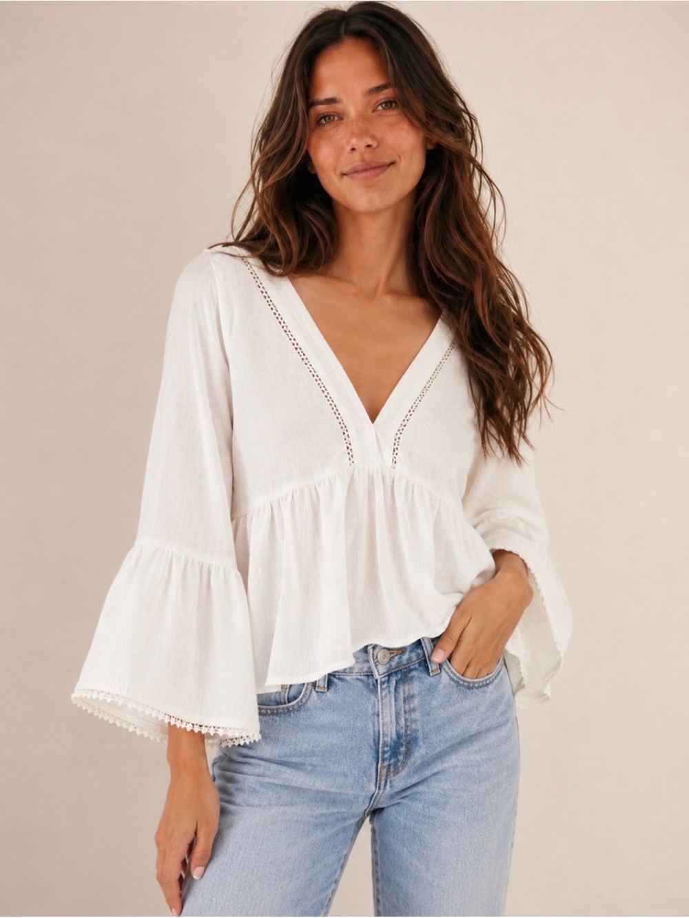 Zara Women’s White Boho Bell Sleeve Lace Peplum Top Medium